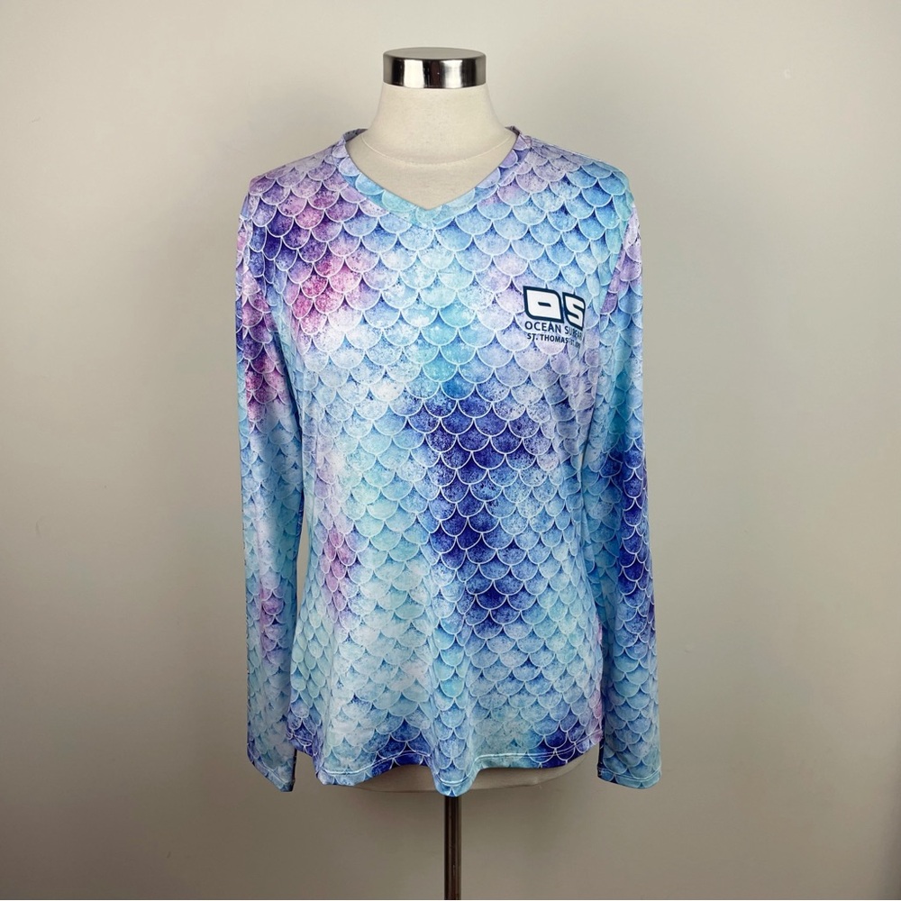 Ocean Surfari St. Thomas Purple Blue White Scales Sun Shirt Women Medium